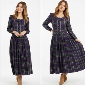 Eileen West Vintage 80s Multicolor Plaid Pleated Maxi Dress Modern S